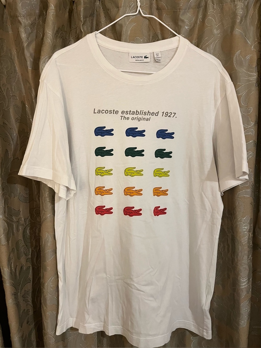 Lacoste White Short Sleeve Tee with Multicolor Crocodile Grid